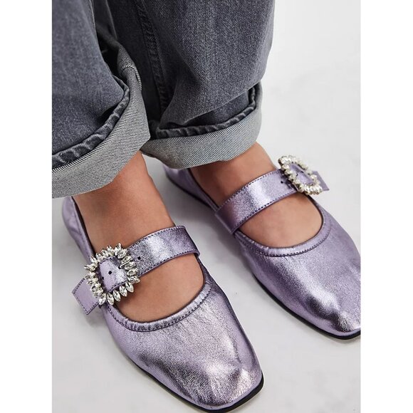 Free People Shoes - Free People Ursa Gemini Stormy Metallic Lavender Flats with Crystal Buckle 8.5
